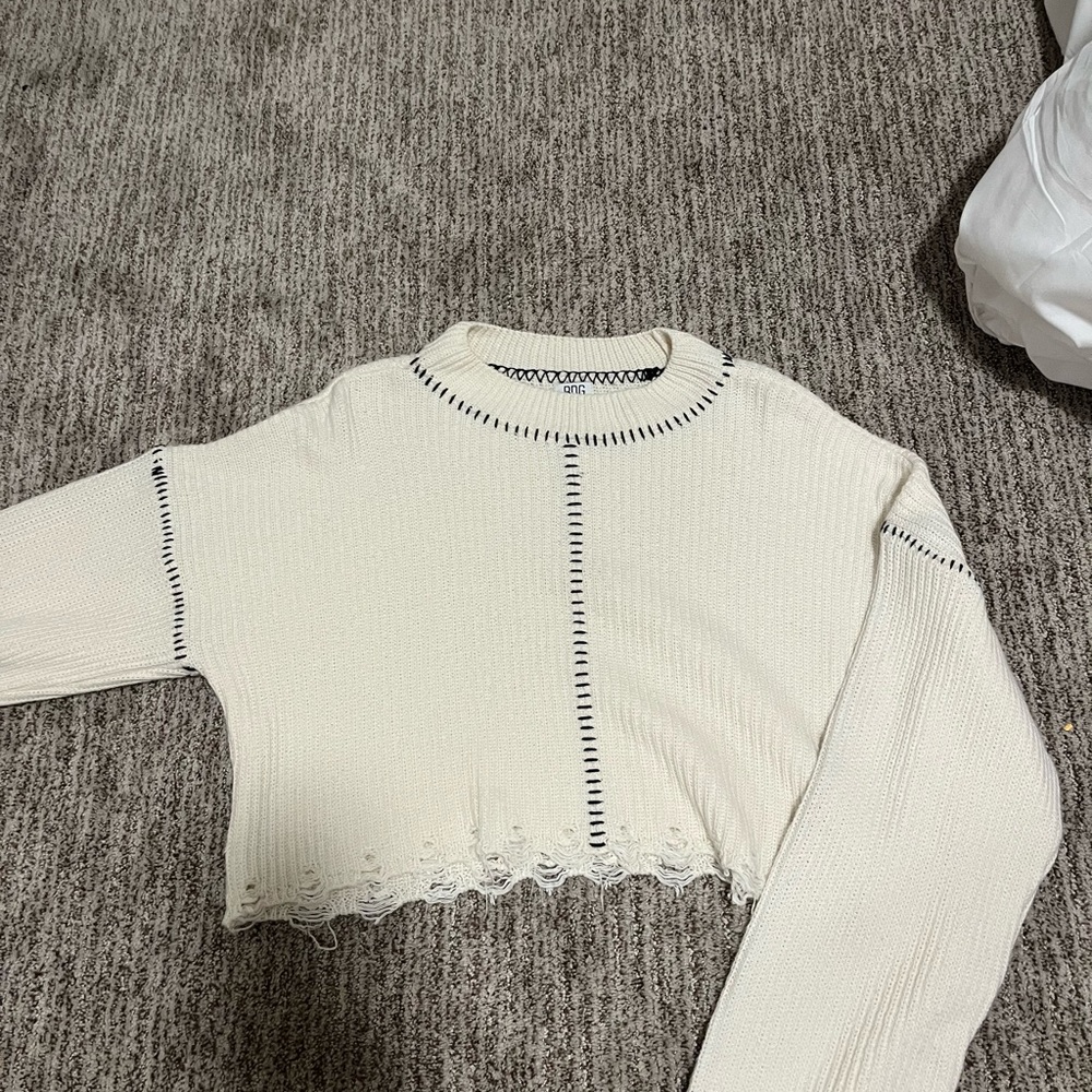 BDG Cream Knit Crop Top with Black Stitching